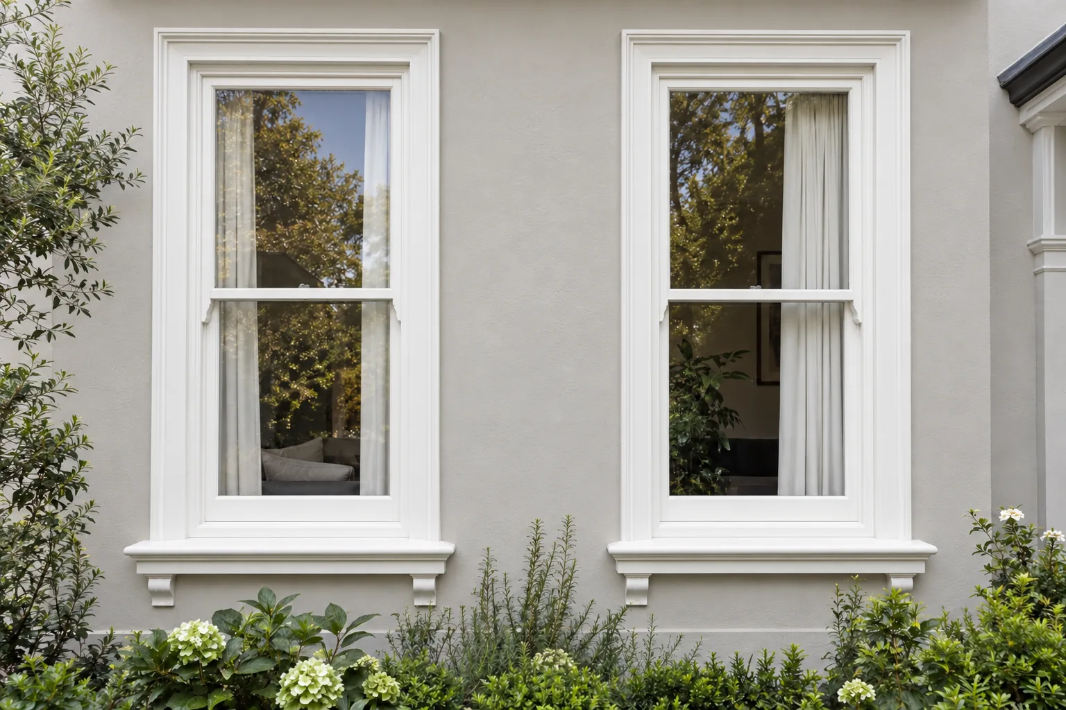 AI-generated hypothetical after view: timber windows and surrounding pale grey render