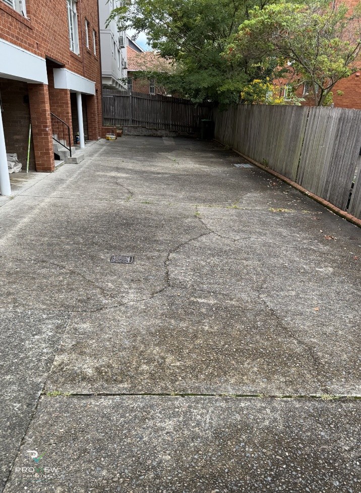 Before — driveway and common-area concrete, dirty and weathered